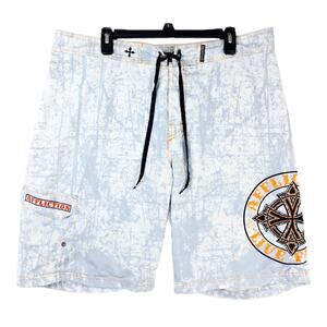 Affliction Board Shorts Mens 38 Gray White Cement Splatter AOP Logo Y2K Grunge